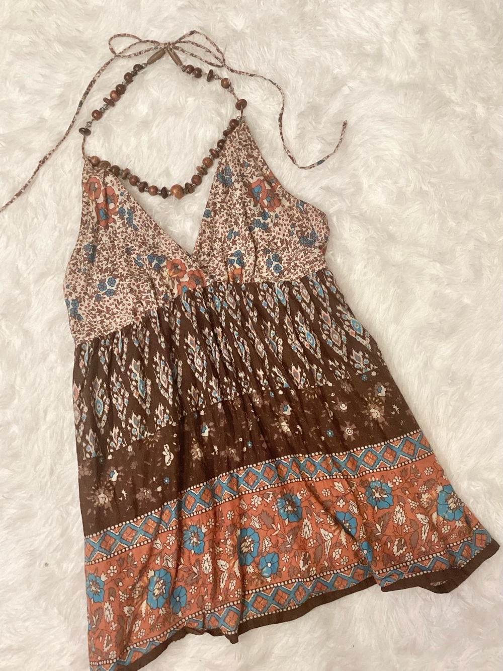 NWOT ANGIE Brown Floral Halter Boho Top with Blue & Rust Accents